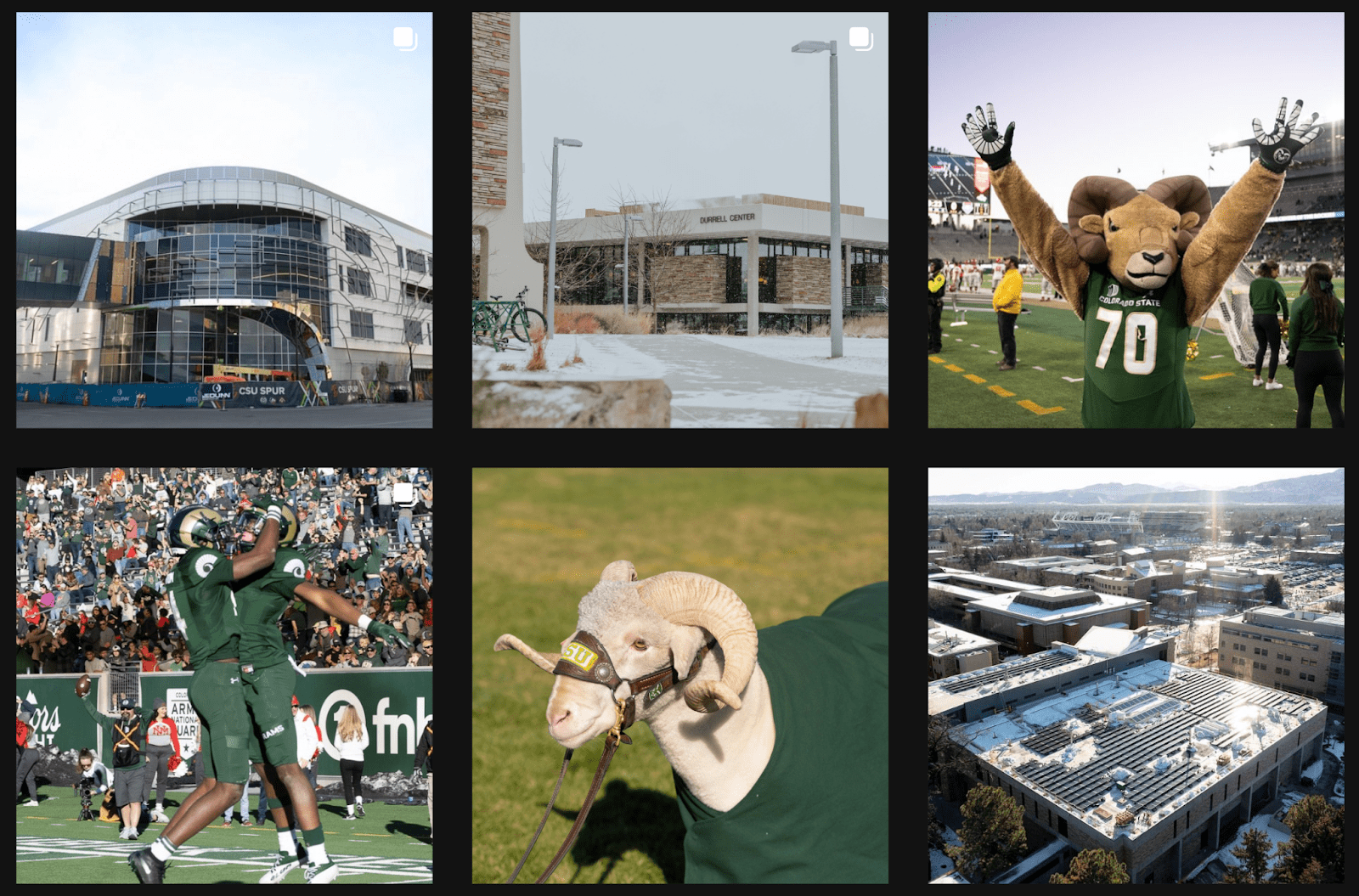 Picture of Colorado State University's Instagram Account feed, with campus and mascot shots