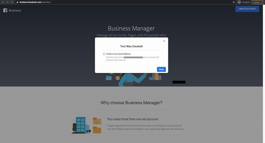 Facebook business manager email confirmation notification