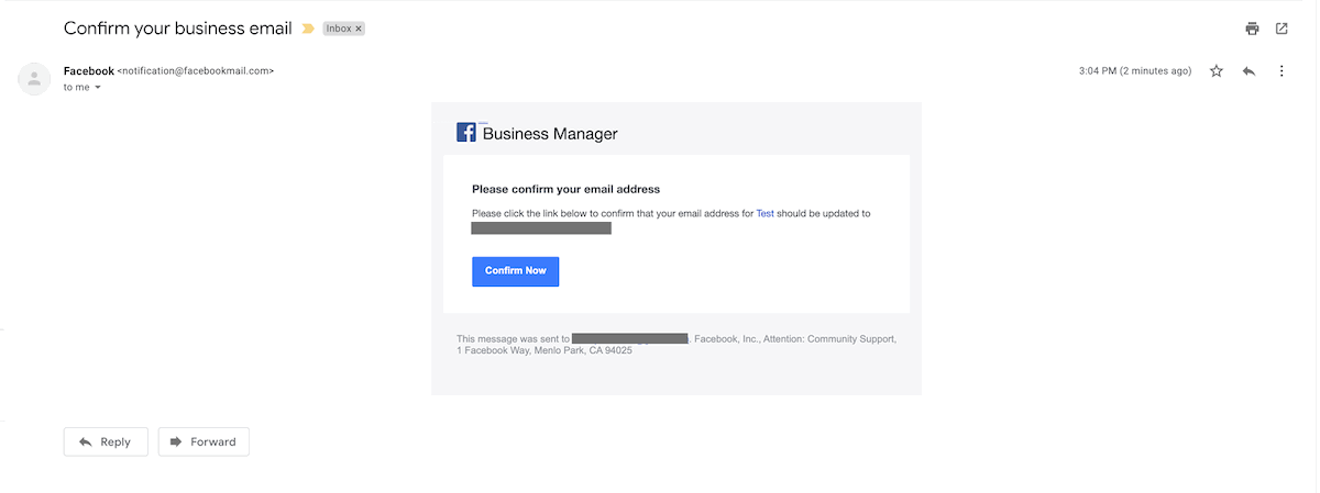 facebook business manager confirmation email