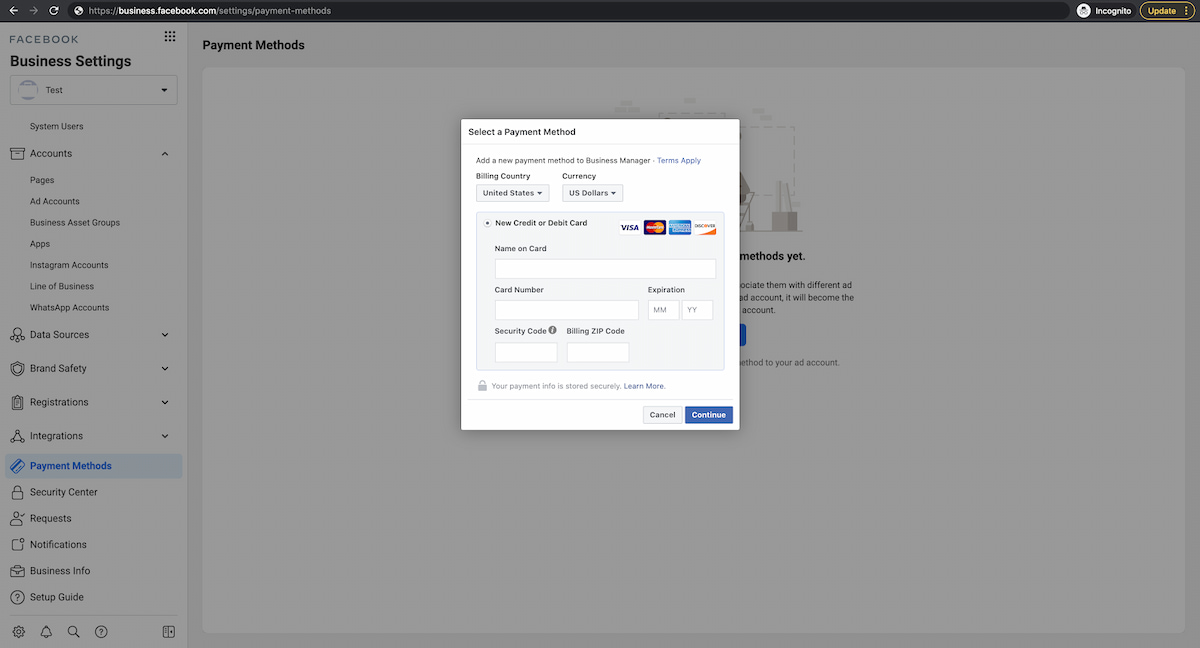 add a payment to facebook business manager