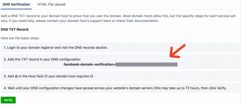 Facebook Ad Instructions for DNS TXT Record Verification