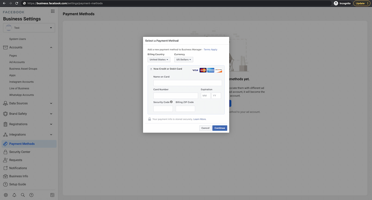 добавить платеж в бизнес-менеджер facebook